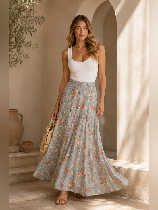 Natural Life Dresses & Skirts - Natural Life Skirt Womens Size M Gray Blue Floral Tiered Maxi Boho Flowy